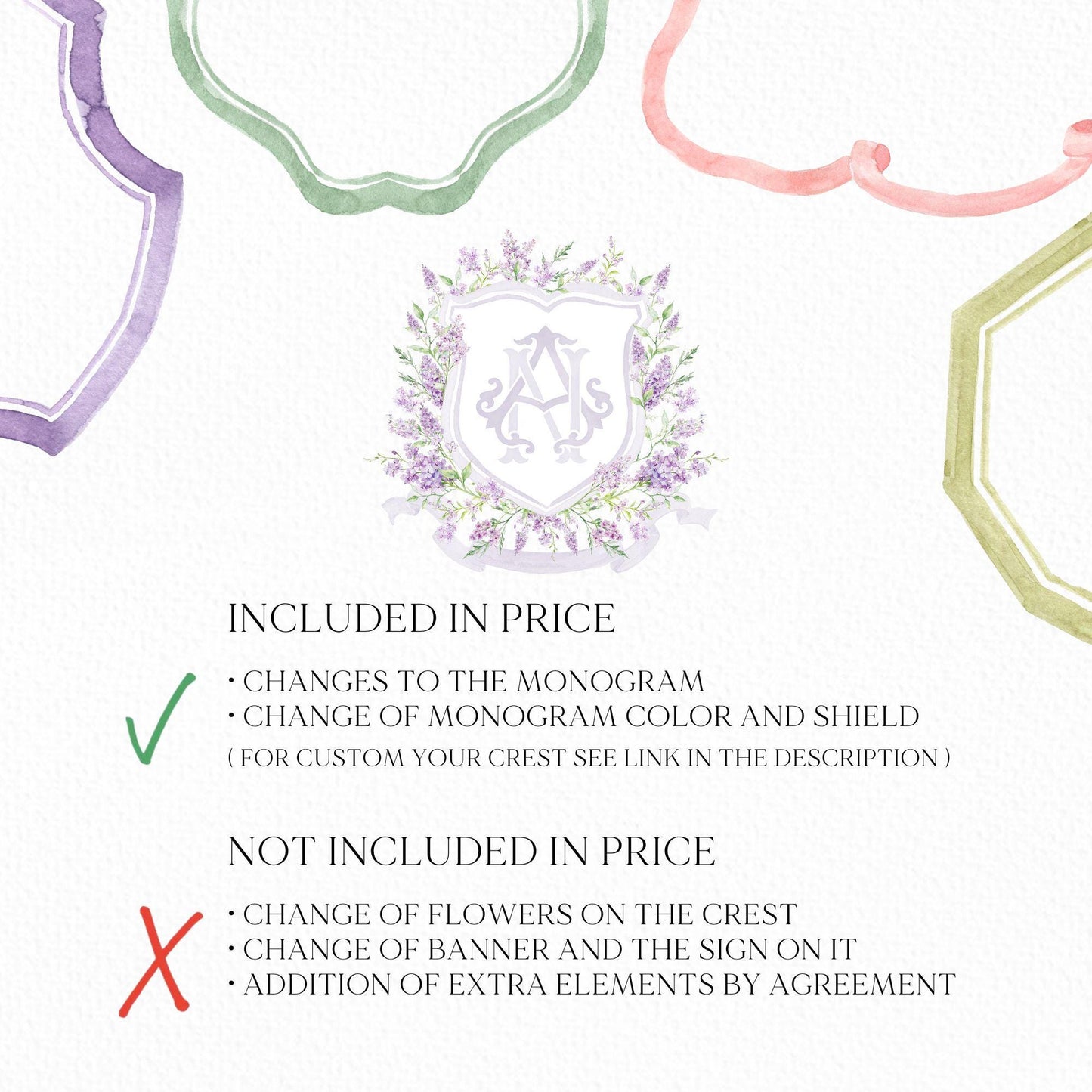 Lilac Lavender Purple Flower Wedding Crest - Monogram Crest - lavender purple Floral Luxury Watercolor Wedding Crest, Romantic Wedding Crest