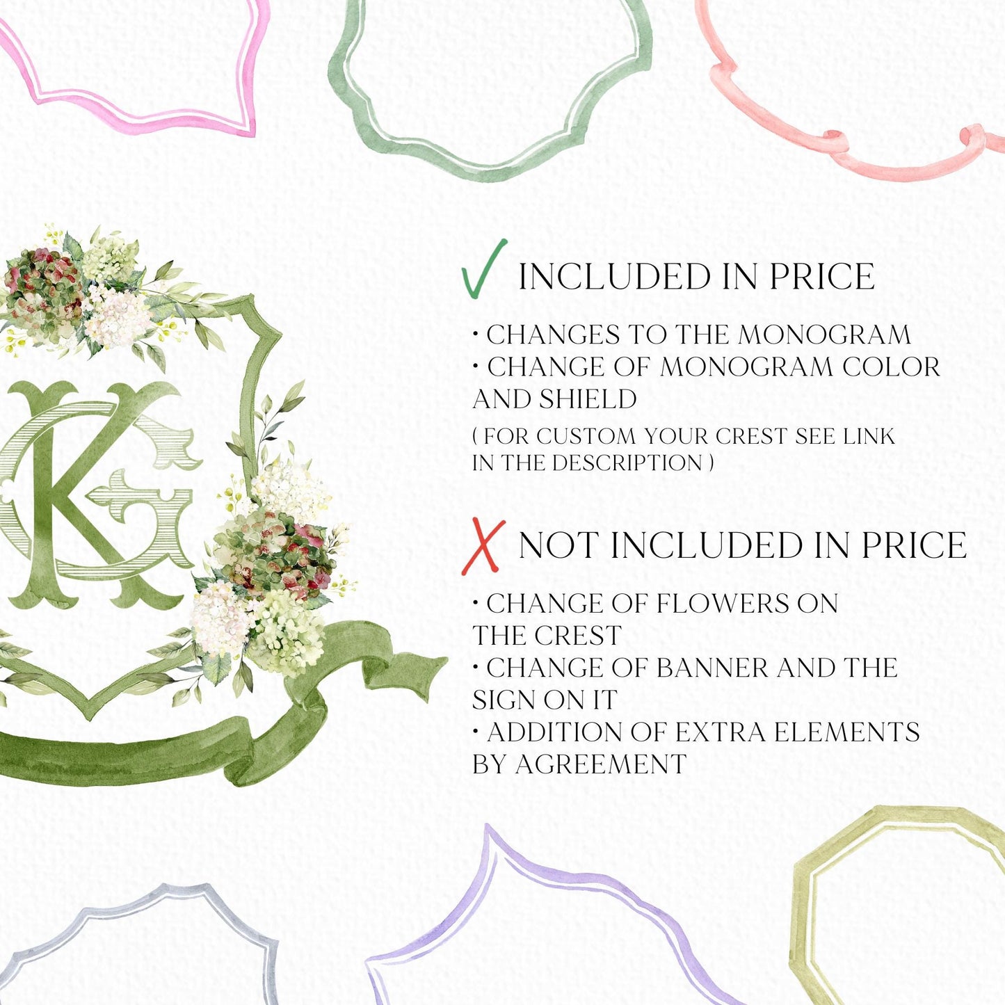 Hydrangea Macrophylla Green Flower Wedding Crest, Monogram Crest, Lush bright Greenery Floral Watercolor Wedding Crest, Hydrangea Crest