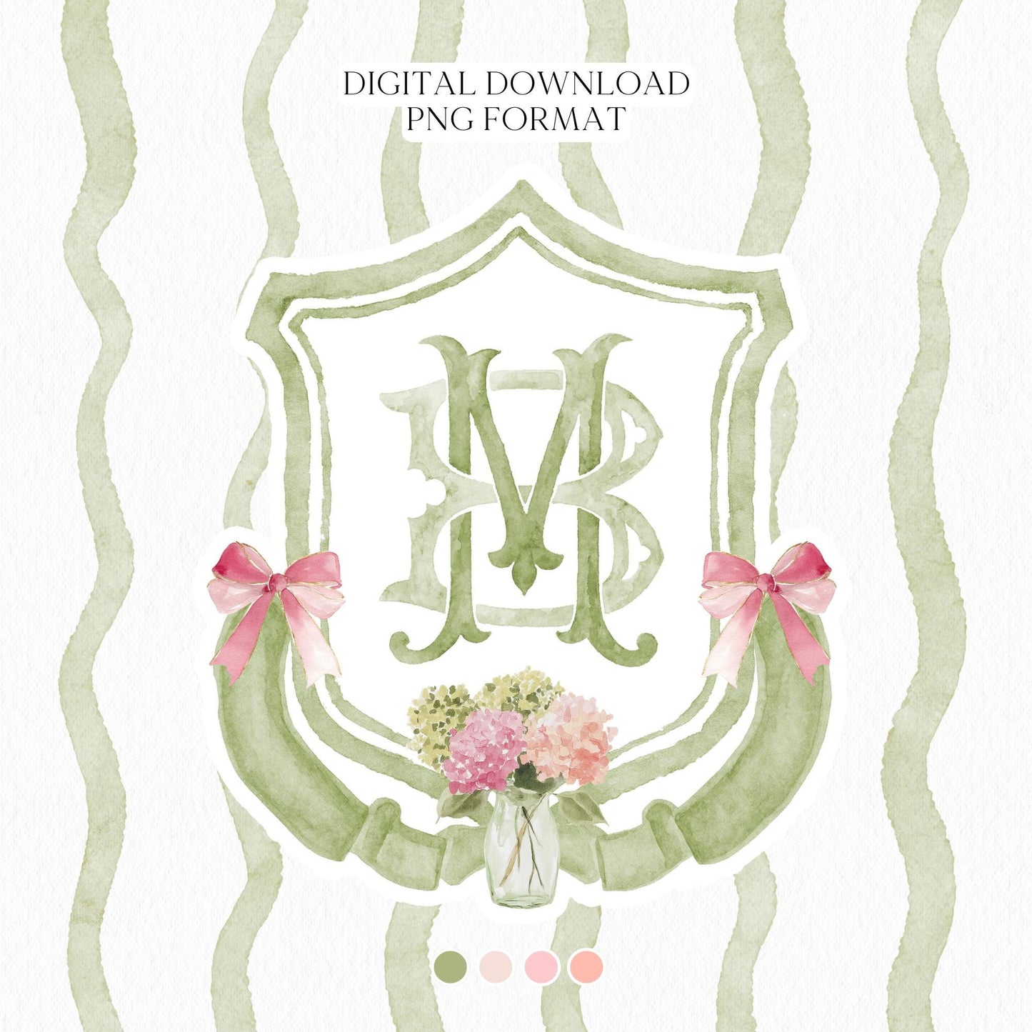 Hydrangea Green Pink Wedding Crest - Monogram Crest - Pink Hydrangea Green Floral Luxury Watercolor Wedding Crest - Romantic Wedding Crest
