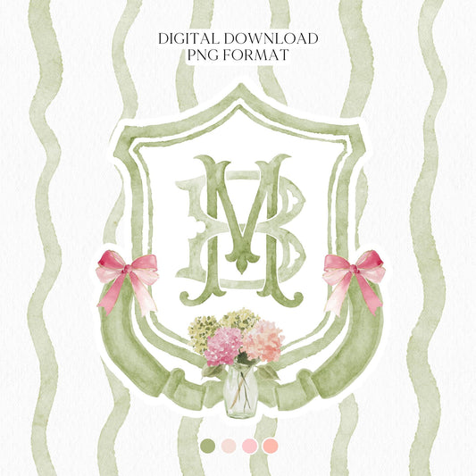 Hydrangea Green Pink Wedding Crest - Monogram Crest - Pink Hydrangea Green Floral Luxury Watercolor Wedding Crest - Romantic Wedding Crest