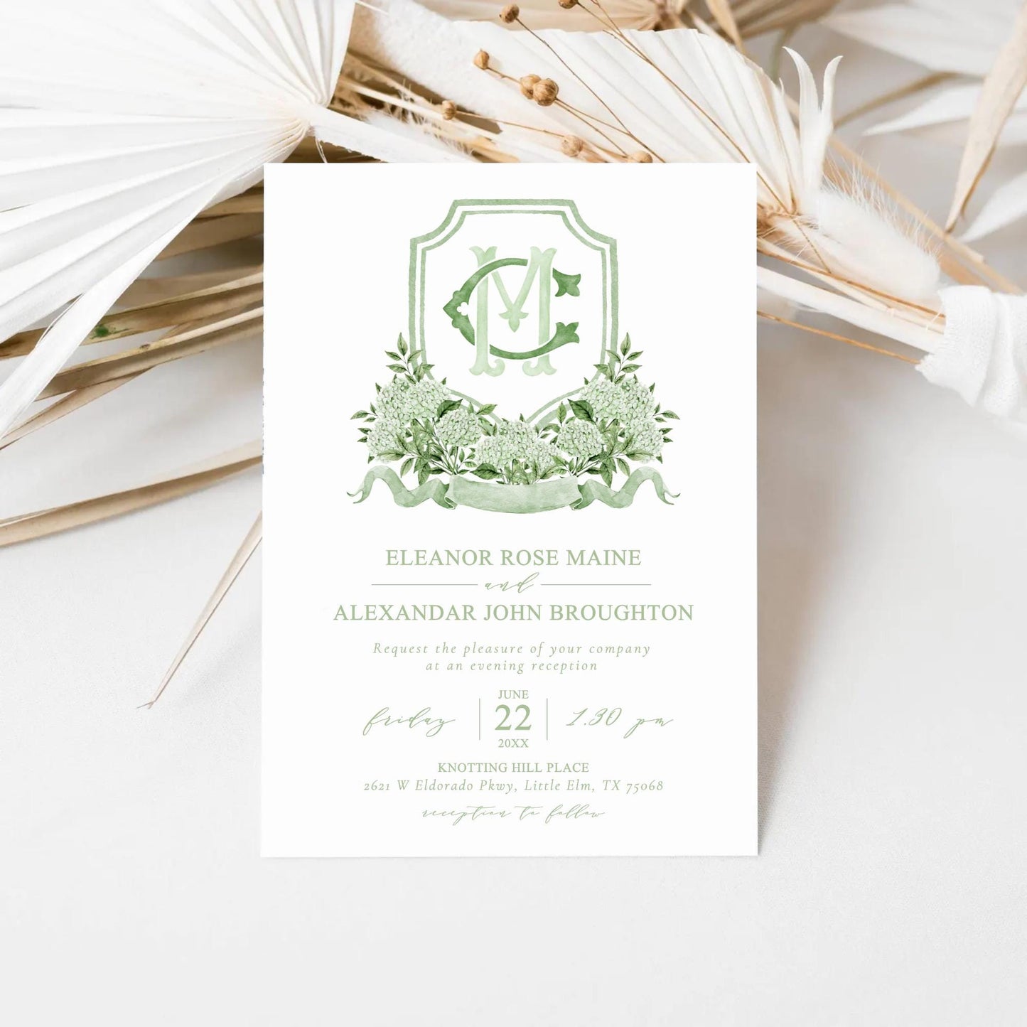 Green Hydrangea Flower Wedding Crest - Monogram Crest - Hydrangea White Floral Luxury Watercolor Wedding Crest - Romantic Wedding Crest