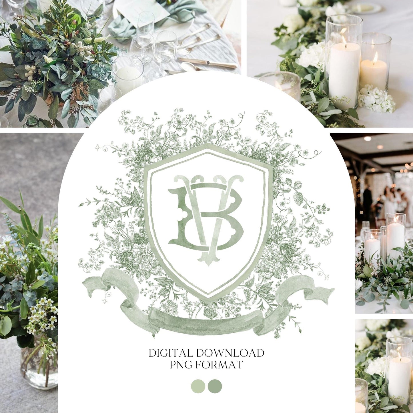 Vintage Moss Green Floral Wedding Crest - Monogram Crest - Vintage Floral Luxury Line art Wedding Crest - Romantic Wedding Crest