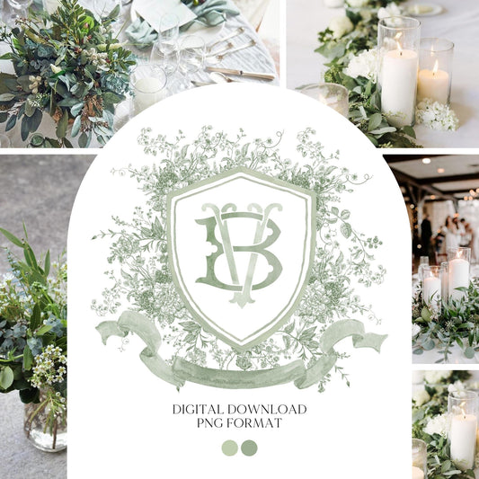 Vintage Moss Green Floral Wedding Crest - Monogram Crest - Vintage Floral Luxury Line art Wedding Crest - Romantic Wedding Crest