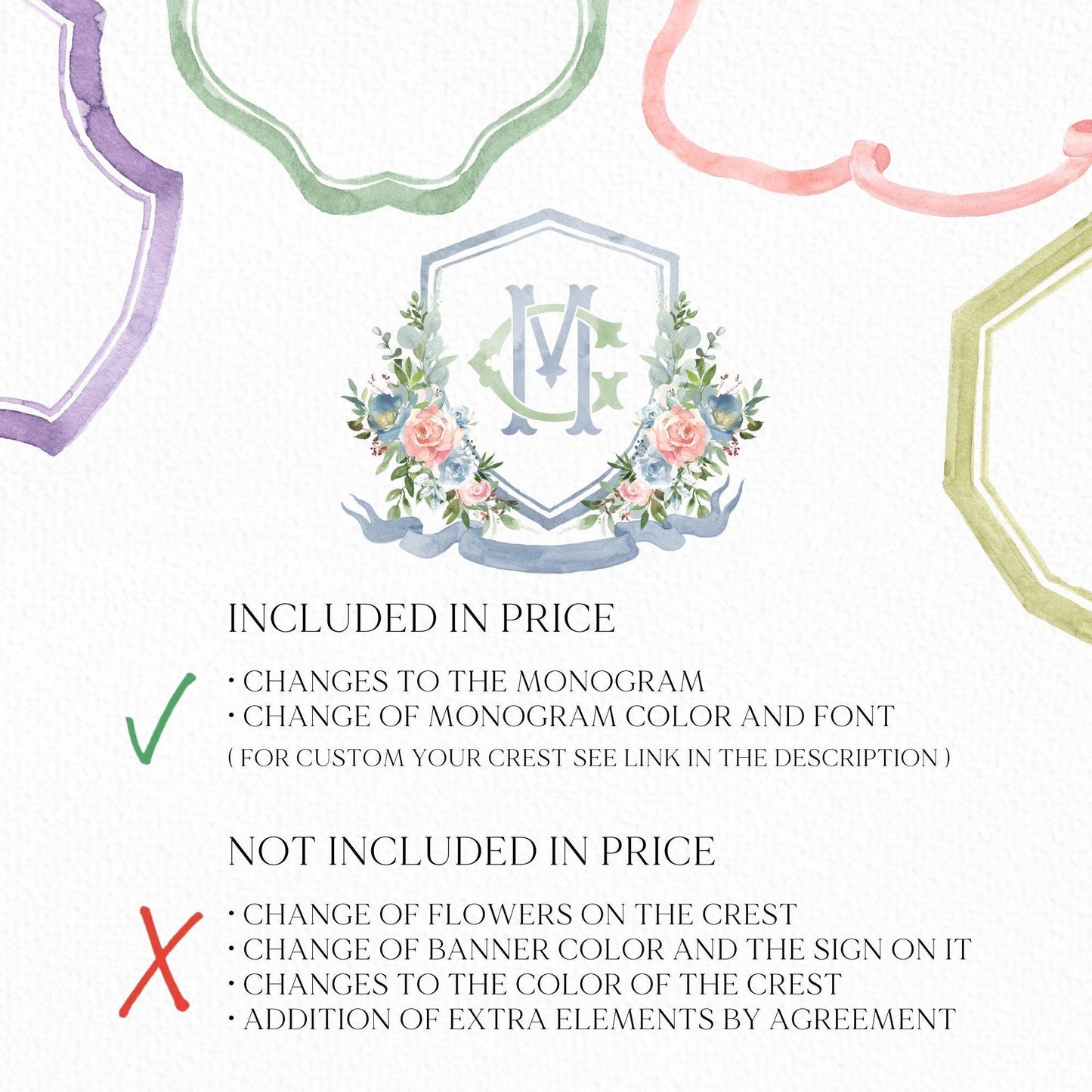 Pink & Blue Flower Wedding Crest - Monogram Crest - Roses Floral Luxury Watercolor Wedding Crest - Romantic Wedding Crest