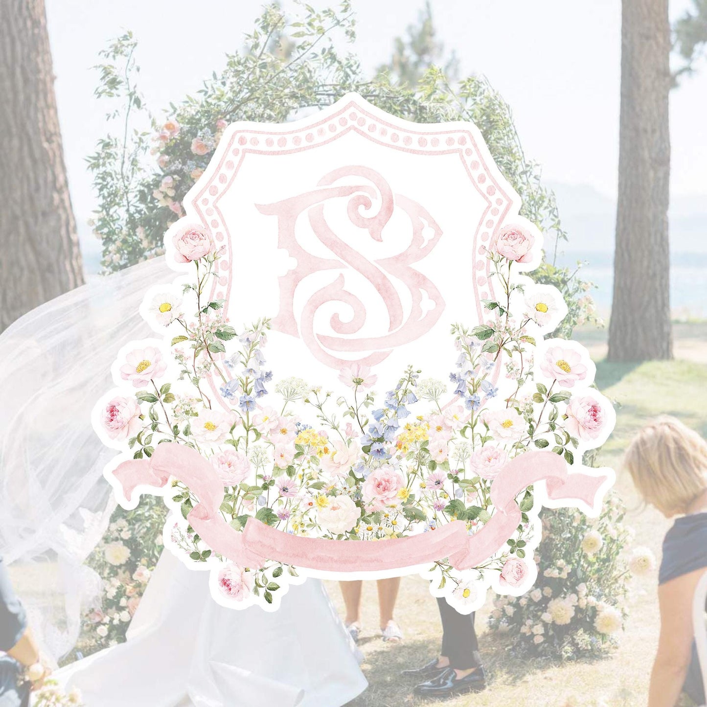 Pastel Wildflowers Light Pink Watercolor Wedding Crest - Monogram Crest - Floral Watercolor Wedding Crest - Romantic Wedding Crest