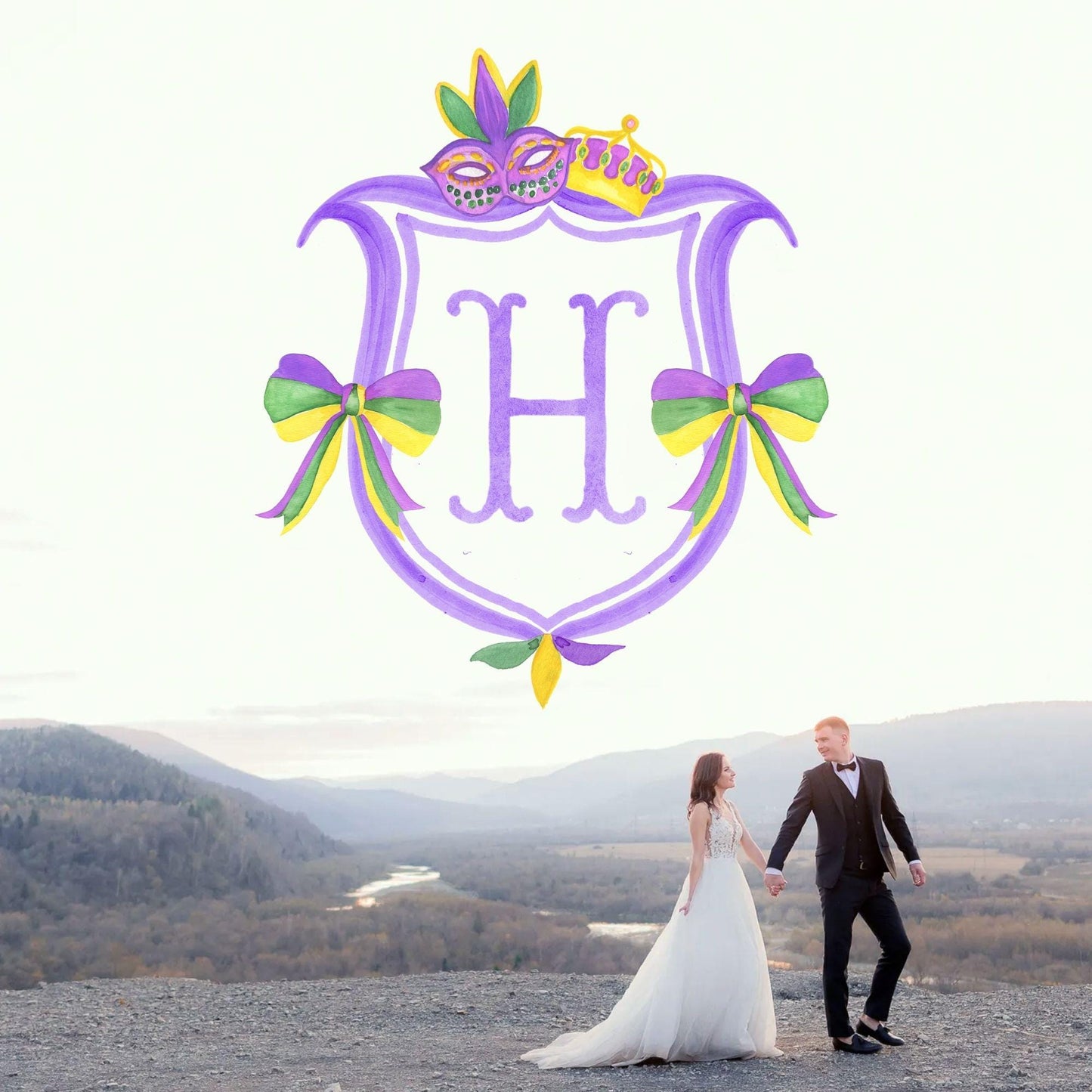 Mardi Gras New Orleans Crest Watercolor Wedding Crest - Monogram Crest - Mardi Gras Watercolor Wedding Crest Romantic Wedding Crest