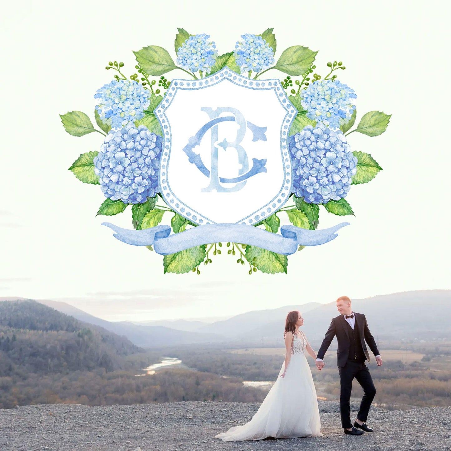 Hydrangea Blue Wedding Crest - Monogram Crest - Hydrangea Floral Luxury Watercolor Wedding Crest - Romantic Wedding Crest