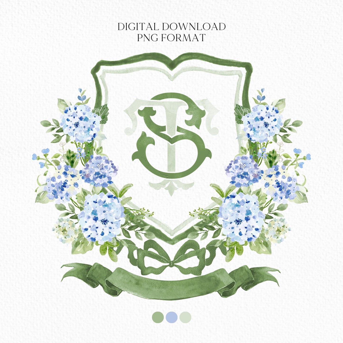 Hydrangea Blue Wedding Crest - Monogram Crest - Light Blue Hydrangea Floral Luxury Watercolor Wedding Crest - Romantic Wedding Crest
