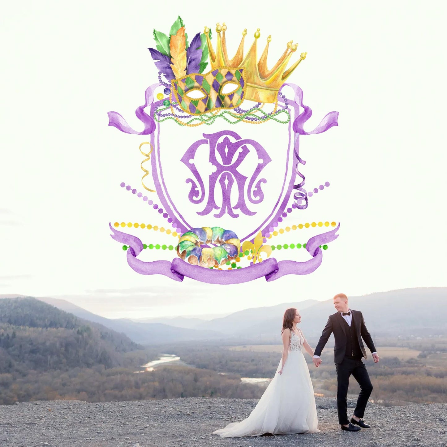 Mardi Gras New Orleans Crest Watercolor Wedding Crest - Monogram Crest - Mardi Gras Watercolor Wedding Crest Romantic Wedding Crest