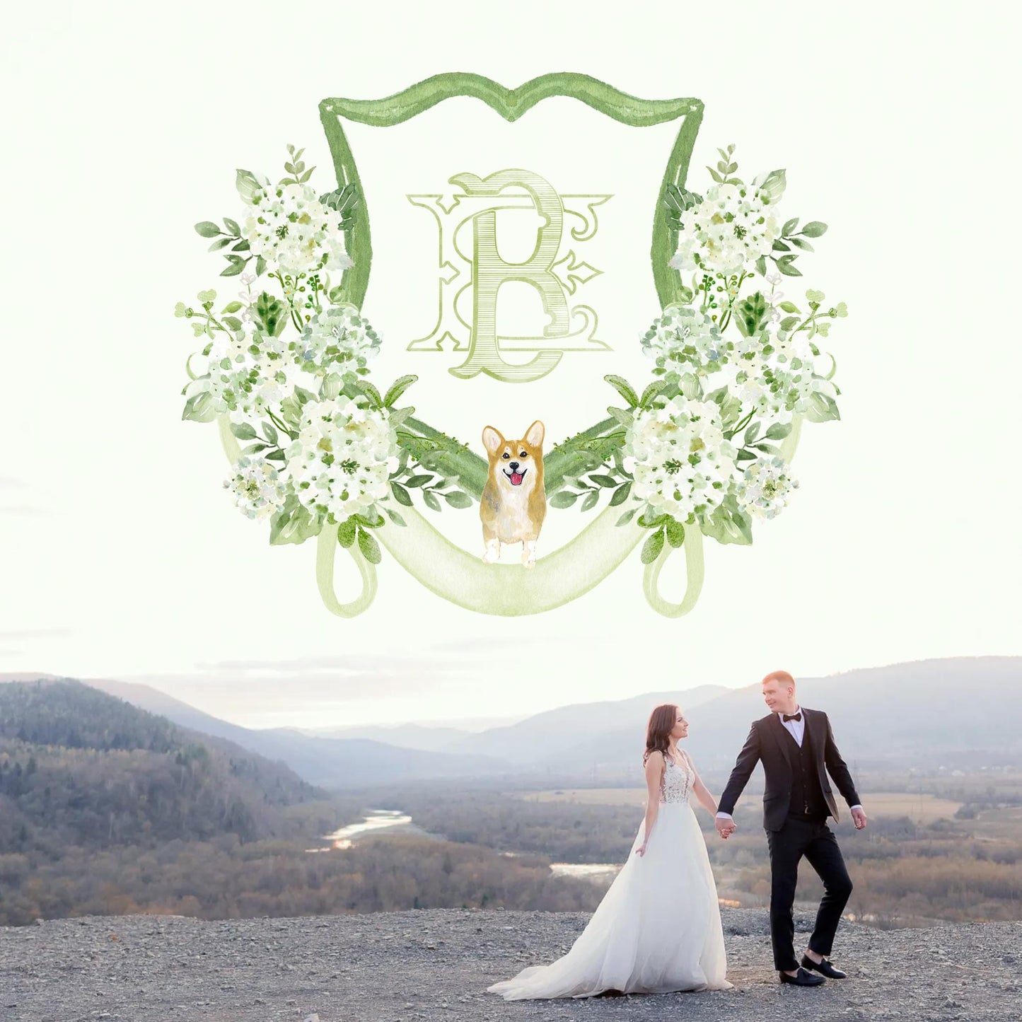 Green Hydrangea Flower Wedding Crest - Monogram Crest - Hydrangea White Floral Luxury Watercolor Wedding Crest - Romantic Wedding Crest