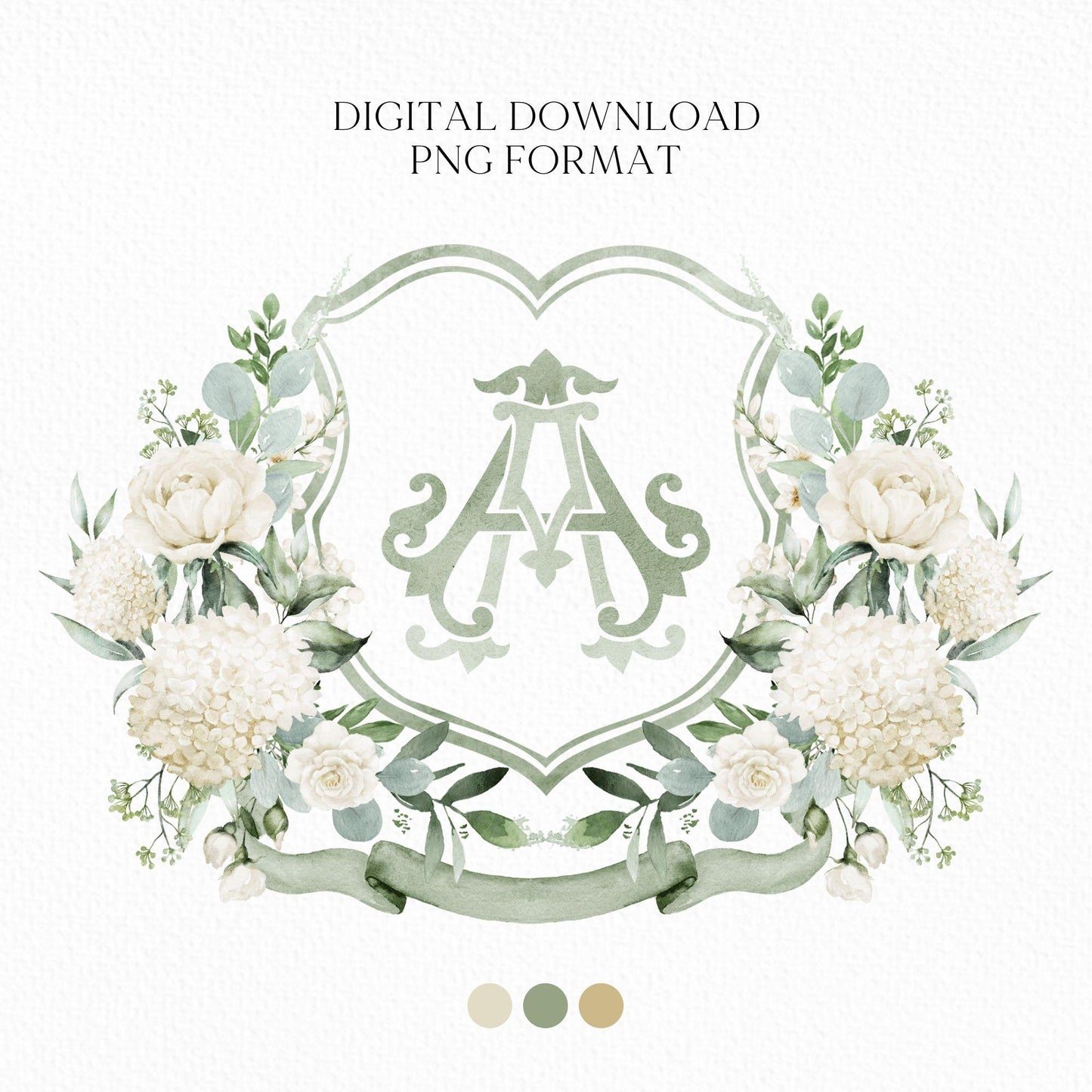 Hydrangea White Rose Greenery Flower Wedding Crest - Monogram Crest - Hydrangea White Floral Watercolor Wedding Crest Romantic Wedding Crest