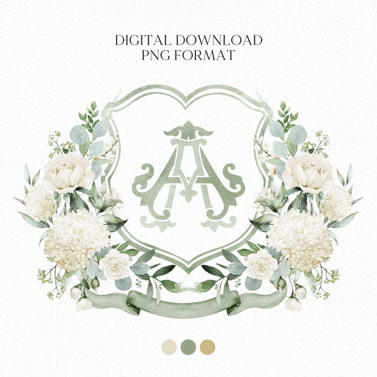 Hydrangea White Rose Greenery Flower Wedding Crest - Monogram Crest - Hydrangea White Floral Watercolor Wedding Crest Romantic Wedding Crest