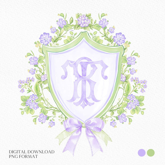 Watercolor Purple Flower Wedding Crest - Monogram Crest - Botanical Floral Watercolor Wedding Crest - Vintage Green Floral Wedding Crest
