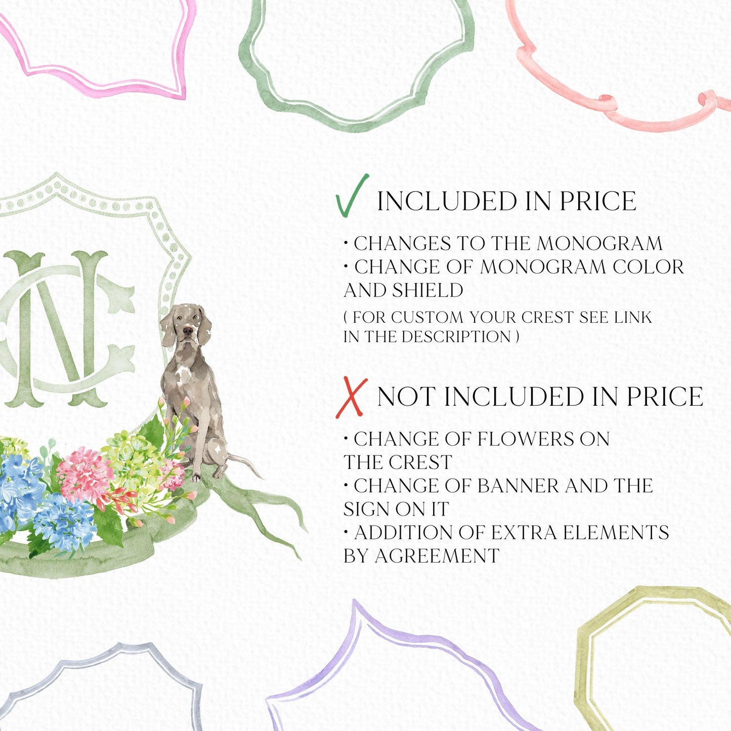 Hydrangea Blue Pink Wedding Crest - Monogram Crest - Hydrangea Green Floral Luxury Watercolor Wedding Crest - Romantic Wedding Crest
