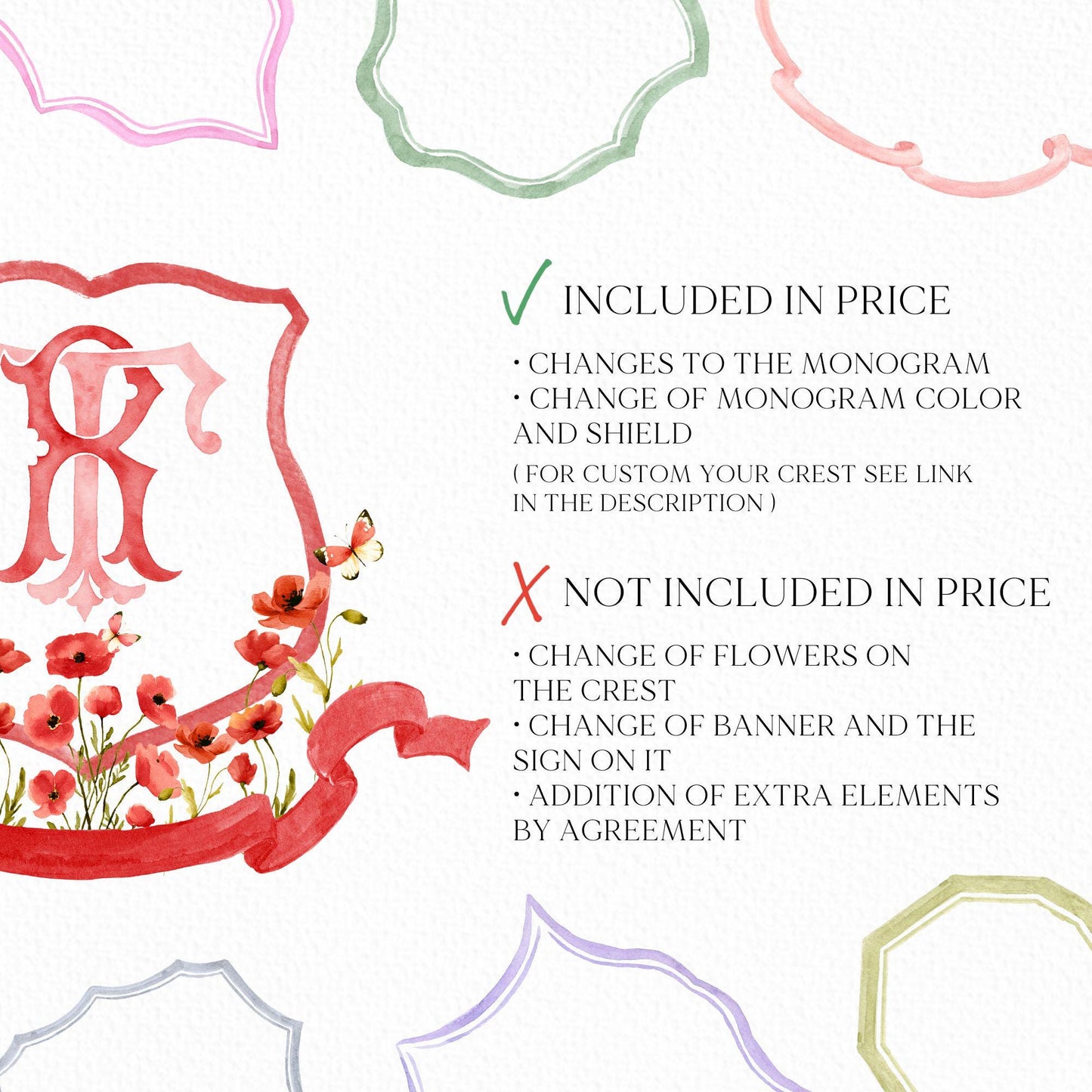 Red Poppy Flower Wedding Crest - Monogram Crest - Watercolor Poppies Floral Luxury Watercolor Wedding Crest - Romantic Wedding Crest