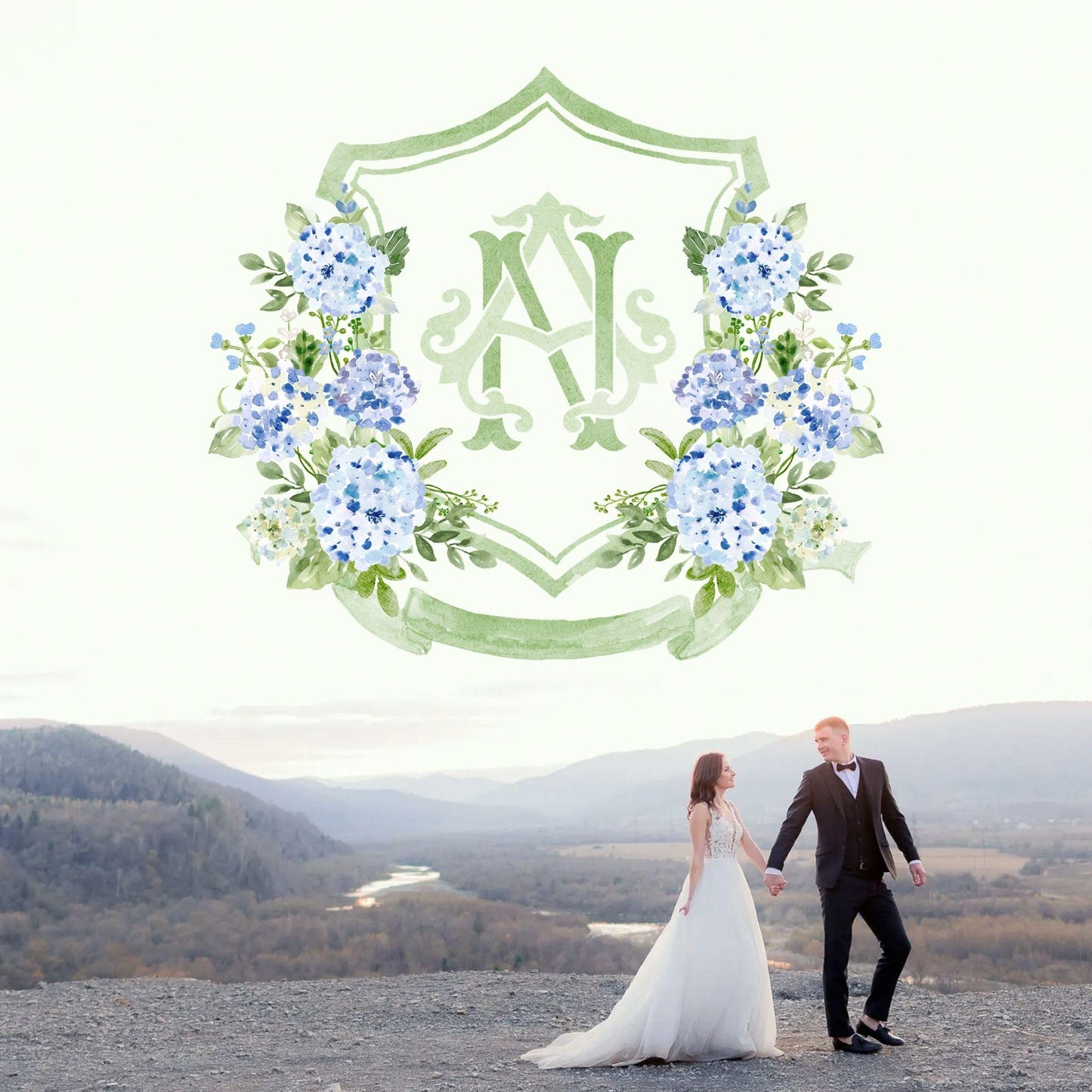 Hydrangea Blue Wedding Crest - Monogram Crest - Hydrangea Floral Luxury Watercolor Wedding Crest - Romantic Wedding Crest