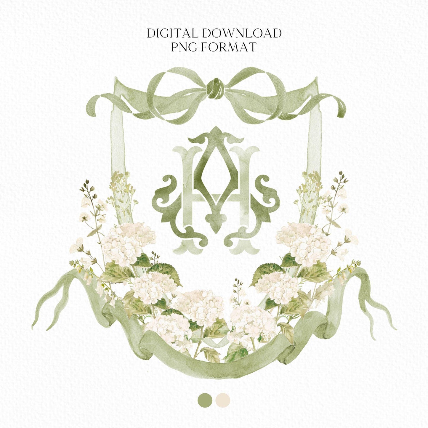 White Hydrangea Flower Greenery Wedding Crest - Monogram Crest - Hydrangea Floral Luxury Watercolor Wedding Crest - Romantic Wedding Crest