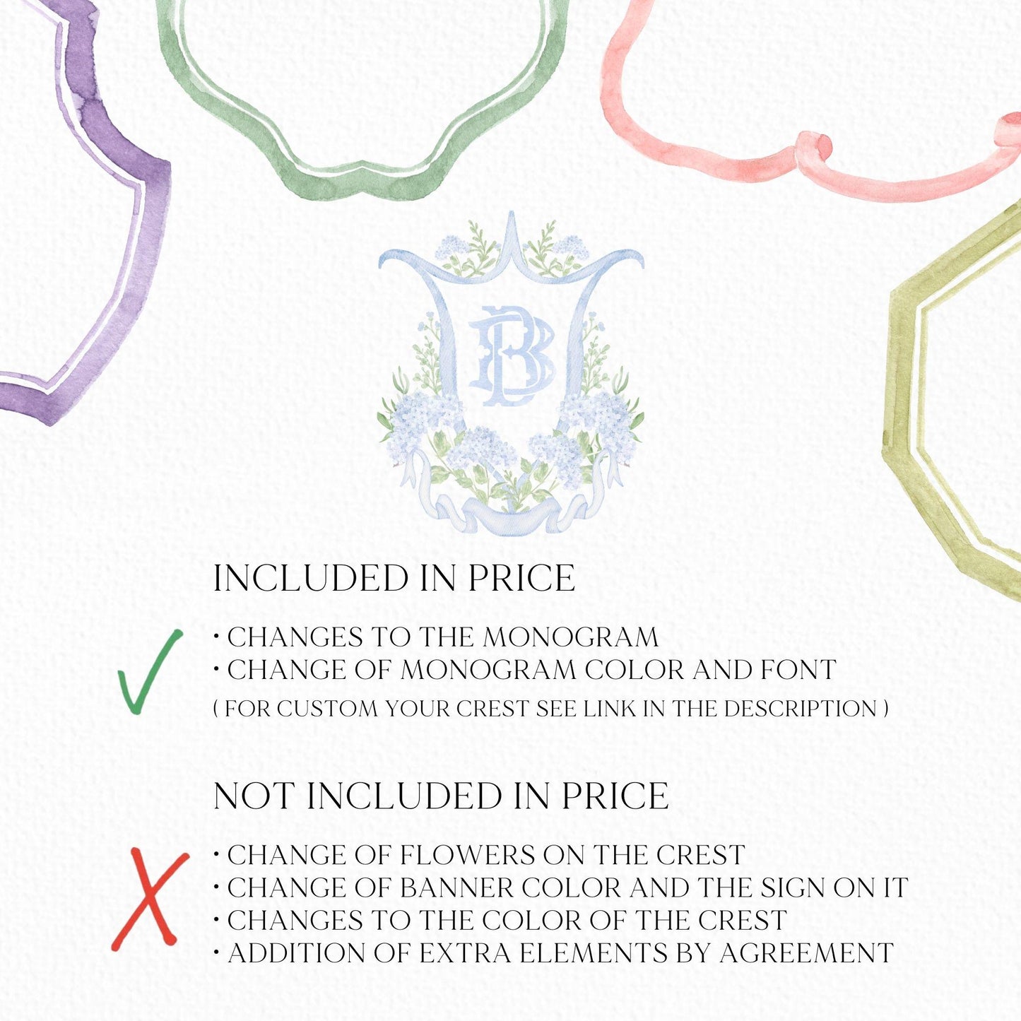 Blue Hydrangea Flower Wedding Crest - Monogram Crest - Hydrangea Light Blue Floral Luxury Watercolor Wedding Crest - Romantic Wedding Crest