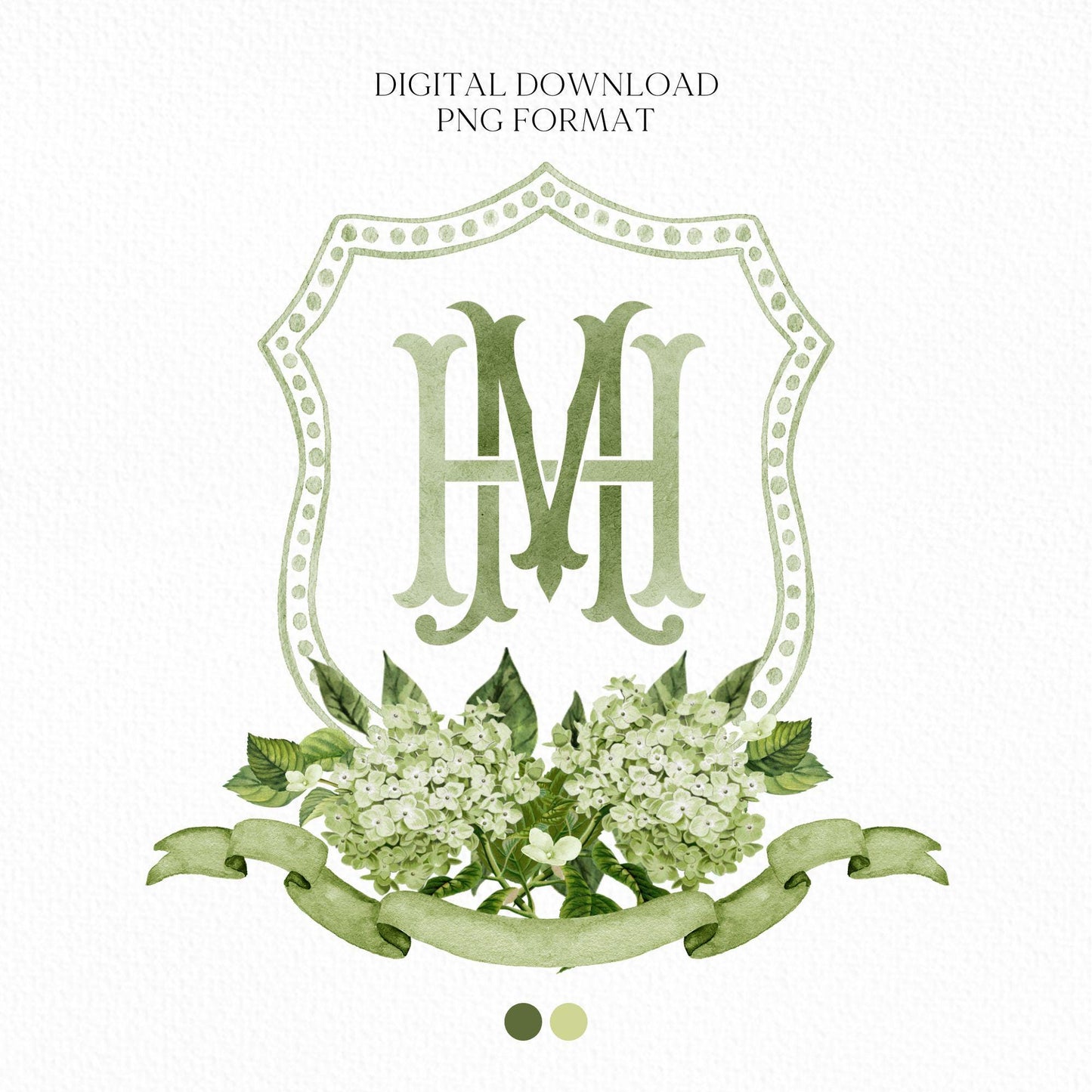 Green Hydrangea Flower Wedding Crest - Monogram Crest - Hydrangea Floral Watercolor Wedding Crest - Romantic Wedding Crest - Boho Hydrangea