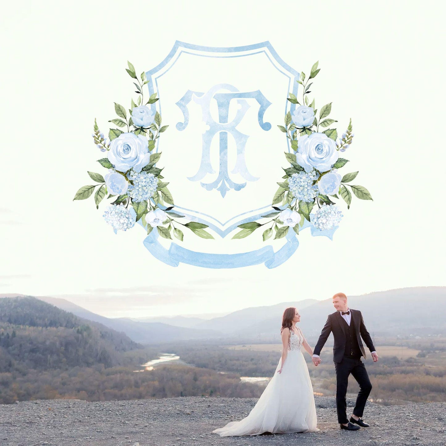 Baby Blue Roses Eucalyptus Flower Wedding Crest - Monogram Crest - Blue Floral Luxury Watercolor Wedding Crest - Romantic Wedding Crest