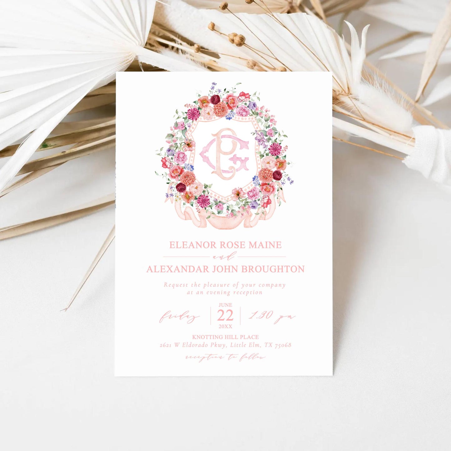 Wildflower Pink Flower Wedding Crest - Monogram Crest - Floral Luxury Watercolor Wedding Crest - Romantic Wedding Crest