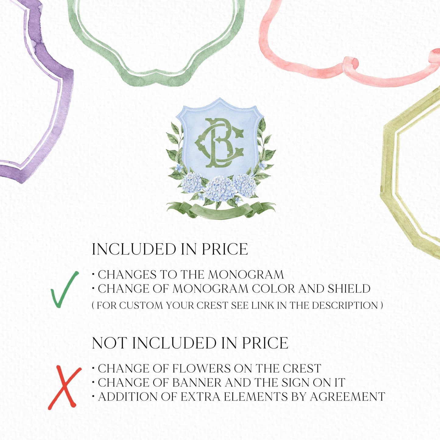 Hydrangea Flower Wedding Crest - Monogram Crest - Hydrangea Floral Luxury Watercolor Wedding Crest - Romantic Wedding Crest- Boho Hydrangea