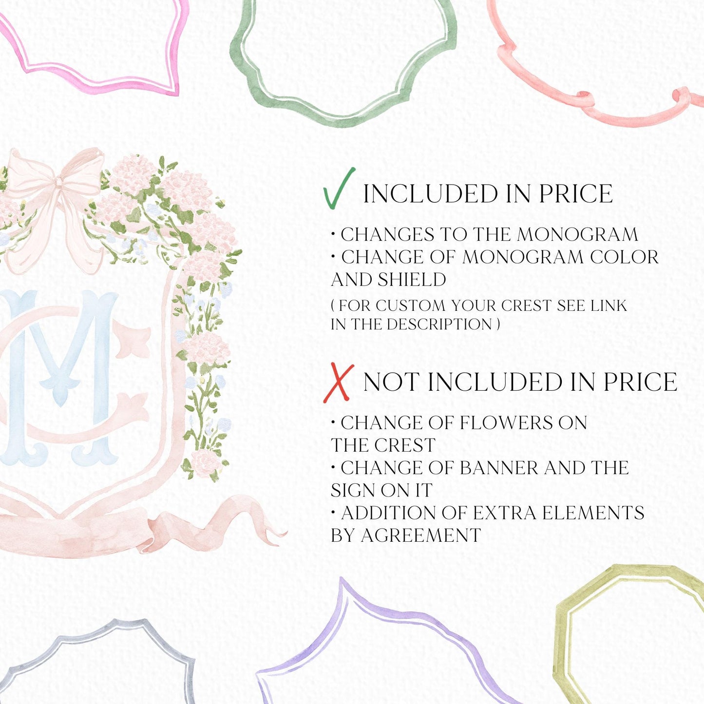 Hydrangea Pink Green Floral Wedding Crest - Monogram Crest - Green Baby's Breath Hydrangea Floral Luxury Watercolor Wedding Crest