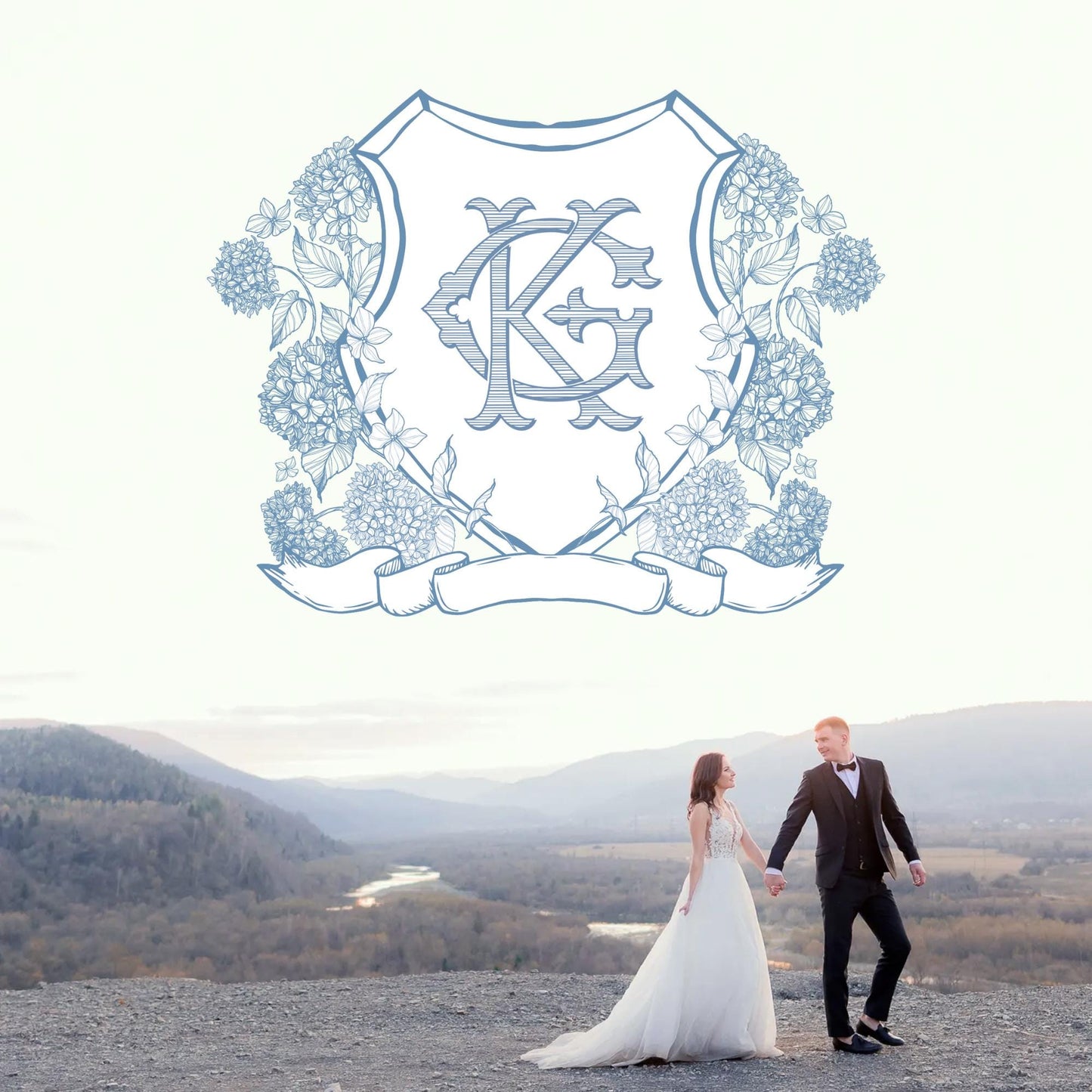 Vintage Hydrangea Flower Wedding Crest - Monogram Crest - Hydrangea Floral Luxury Line art Wedding Crest - Romantic Wedding Crest