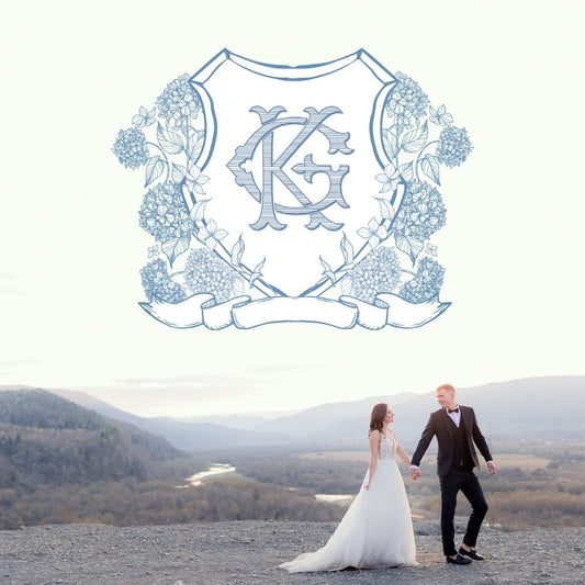 Vintage Hydrangea Flower Wedding Crest - Monogram Crest - Hydrangea Floral Luxury Line art Wedding Crest - Romantic Wedding Crest