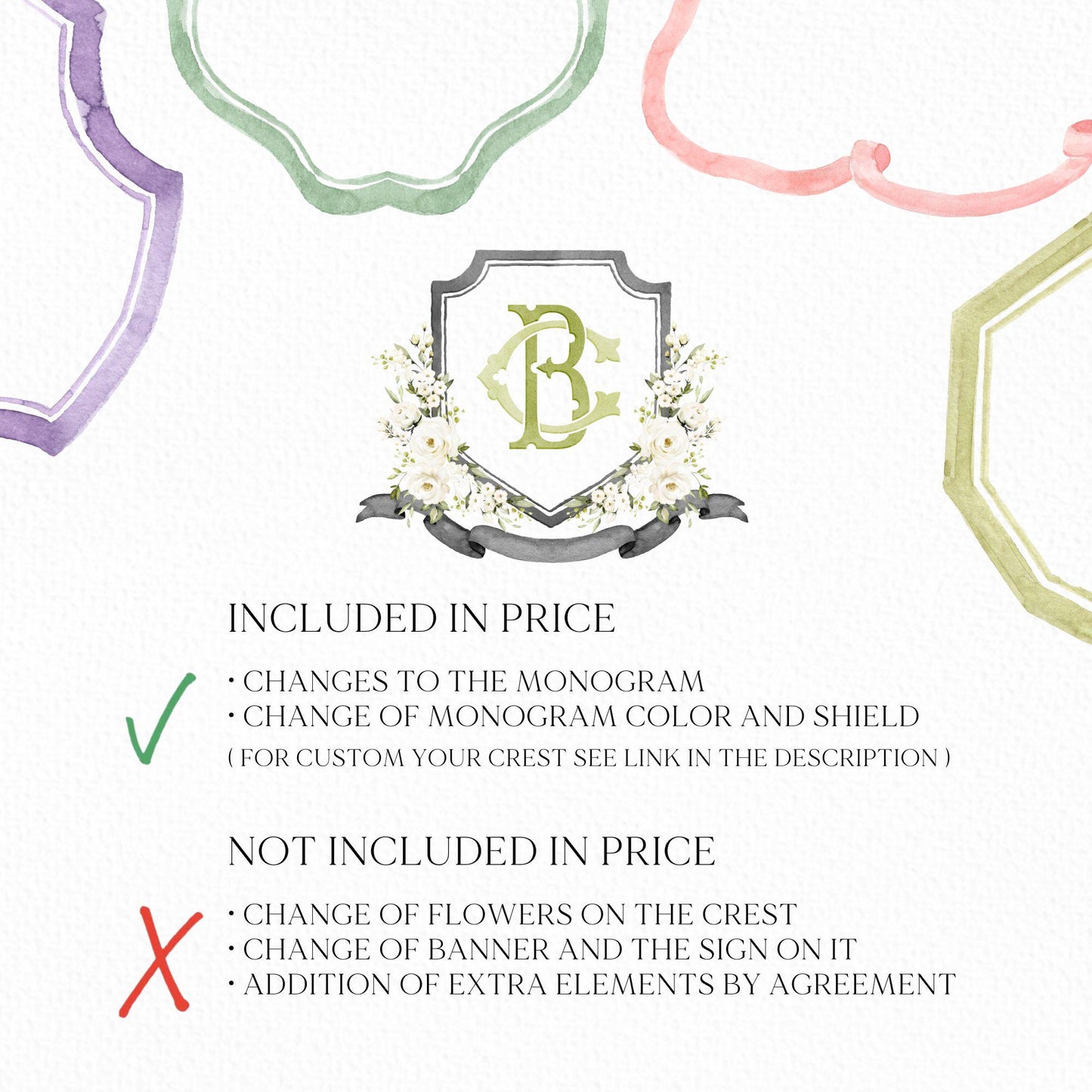 Creamy Rose Ivory Greenery White Flower Wedding Crest - Monogram Crest - White Floral Watercolor Wedding Crest - Romantic Wedding Crest