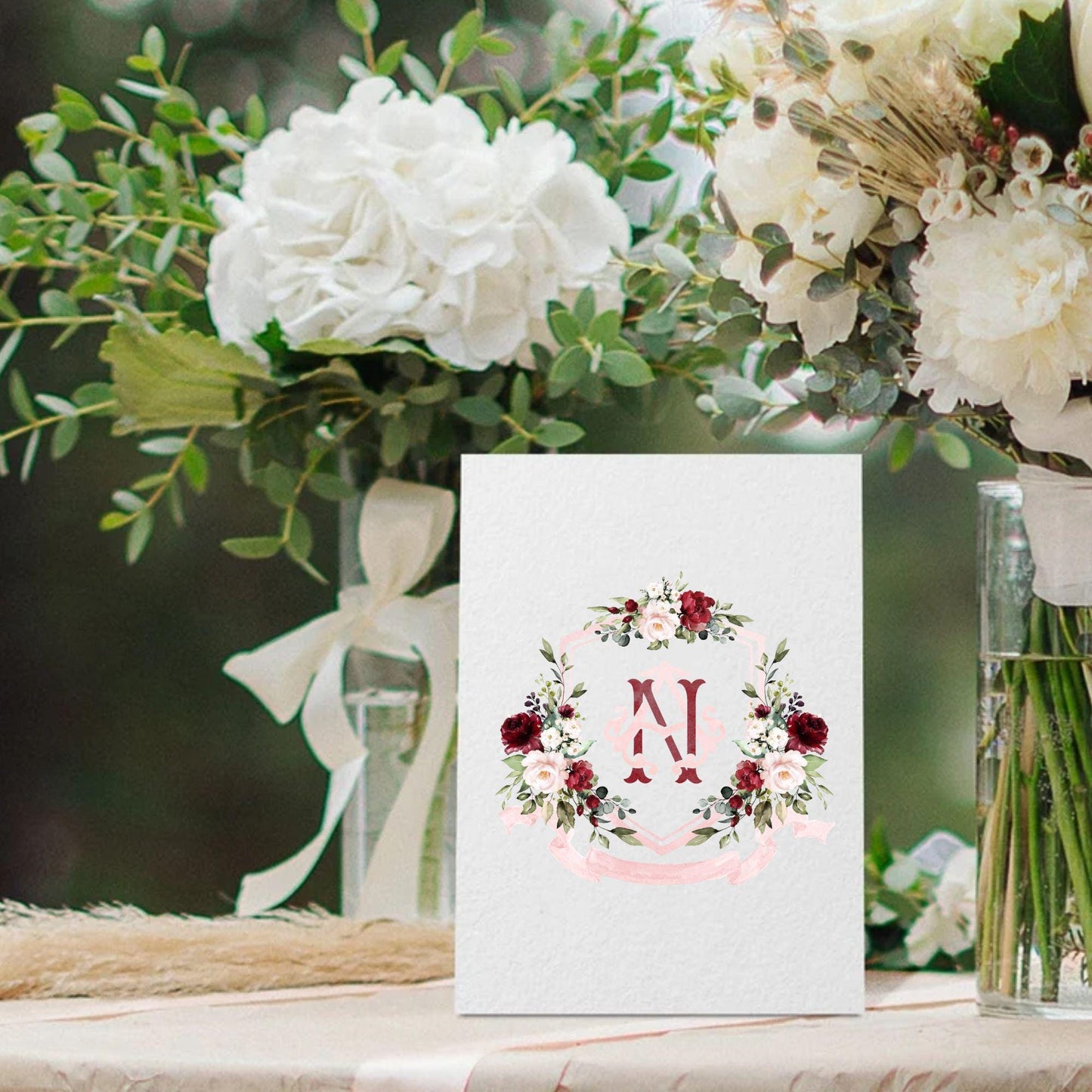 Marsala & Blush Pink Floral Rustic Greenery Flower Wedding Crest - Monogram Crest - Floral Watercolor Wedding Crest - Romantic Wedding Crest