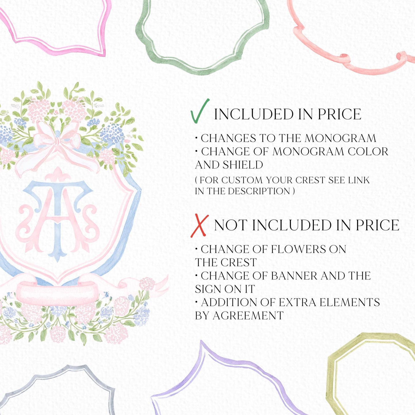 Pink Light Blue Hydrangea Flower Wedding Crest - Monogram Crest - Blue Hydrangea Floral Watercolor Wedding Crest - Romantic Wedding Crest