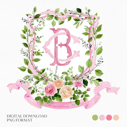 Blush Roses Soft Petals Flower Wedding Crest - Monogram Crest - Watercolor Rose Floral Watercolor Wedding Crest - Romantic Wedding Crest