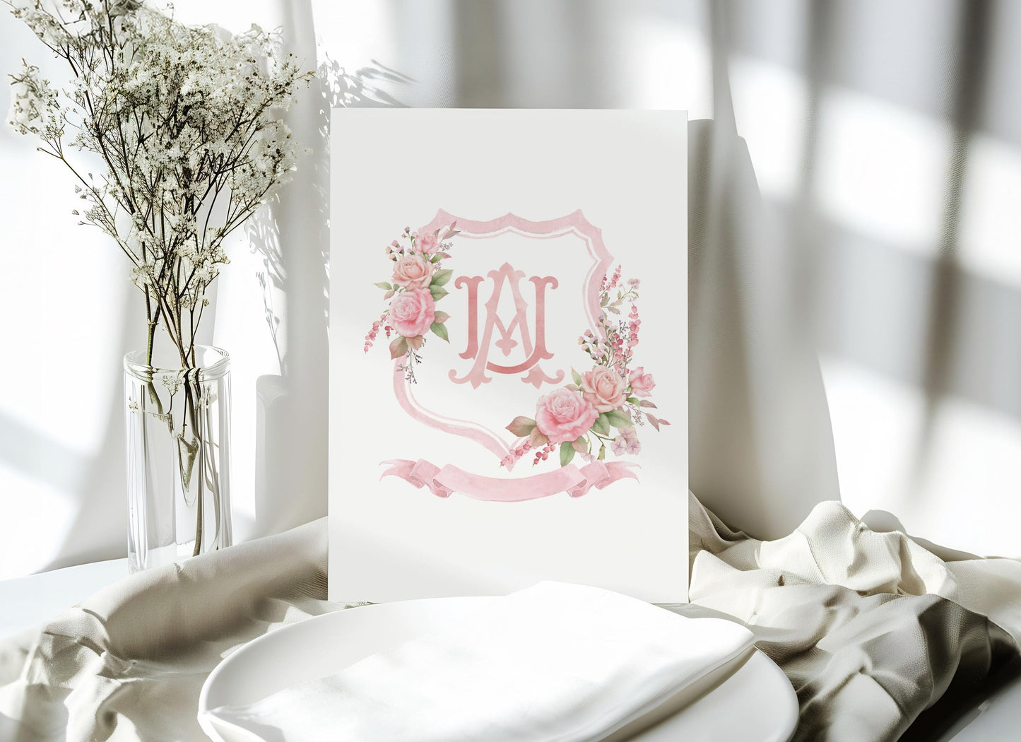 Blush Pink Roses Flower Wedding Crest - Monogram Crest - Floral Luxury Watercolor Wedding Crest - Romantic Wedding Crest