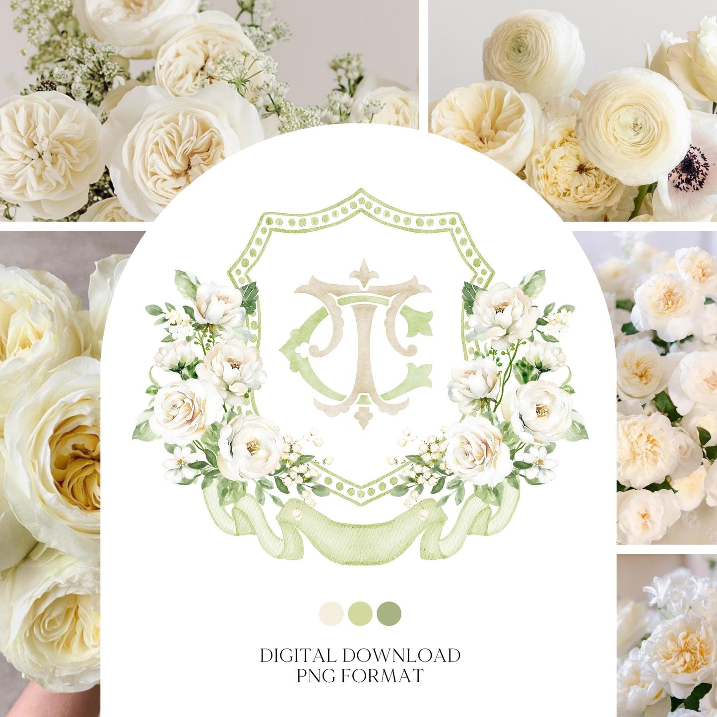 White Rose Greenery White Flower Wedding Crest - Monogram Crest - White Cream Roses flower Watercolor Wedding Crest - Romantic Wedding Crest