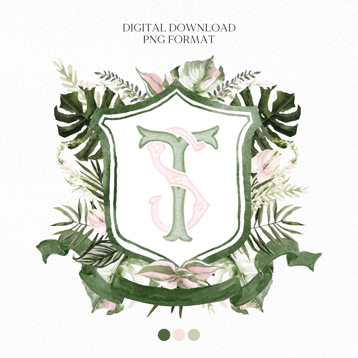Palm Leaf Greenery Garden Watercolor Wedding Crest - Monogram Crest - Palm leaves Greenery Watercolor Wedding Crest - Romantic Wedding Crest