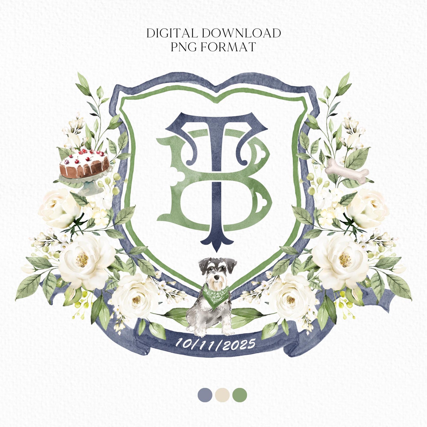 Creamy Rose Ivory Greenery White Flower Wedding Crest - Monogram Crest - White Floral Watercolor Wedding Crest - Romantic Wedding Crest