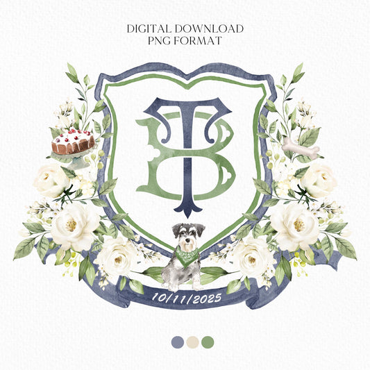 Creamy Rose Ivory Greenery White Flower Wedding Crest - Monogram Crest - White Floral Watercolor Wedding Crest - Romantic Wedding Crest