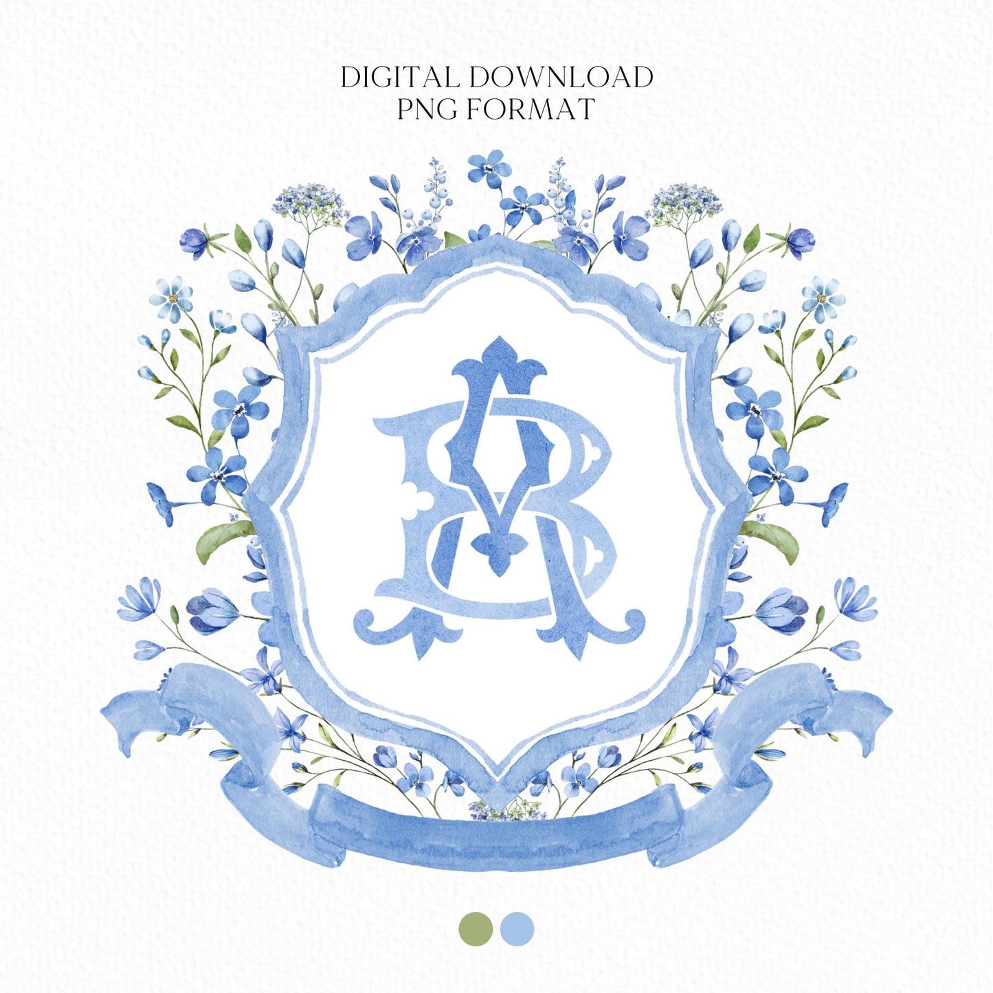 Blue WildFlower Wedding Crest - Monogram Crest - WildFlower Floral Luxury Watercolor Wedding Crest - Romantic Wedding Crest, Boho WildFlower