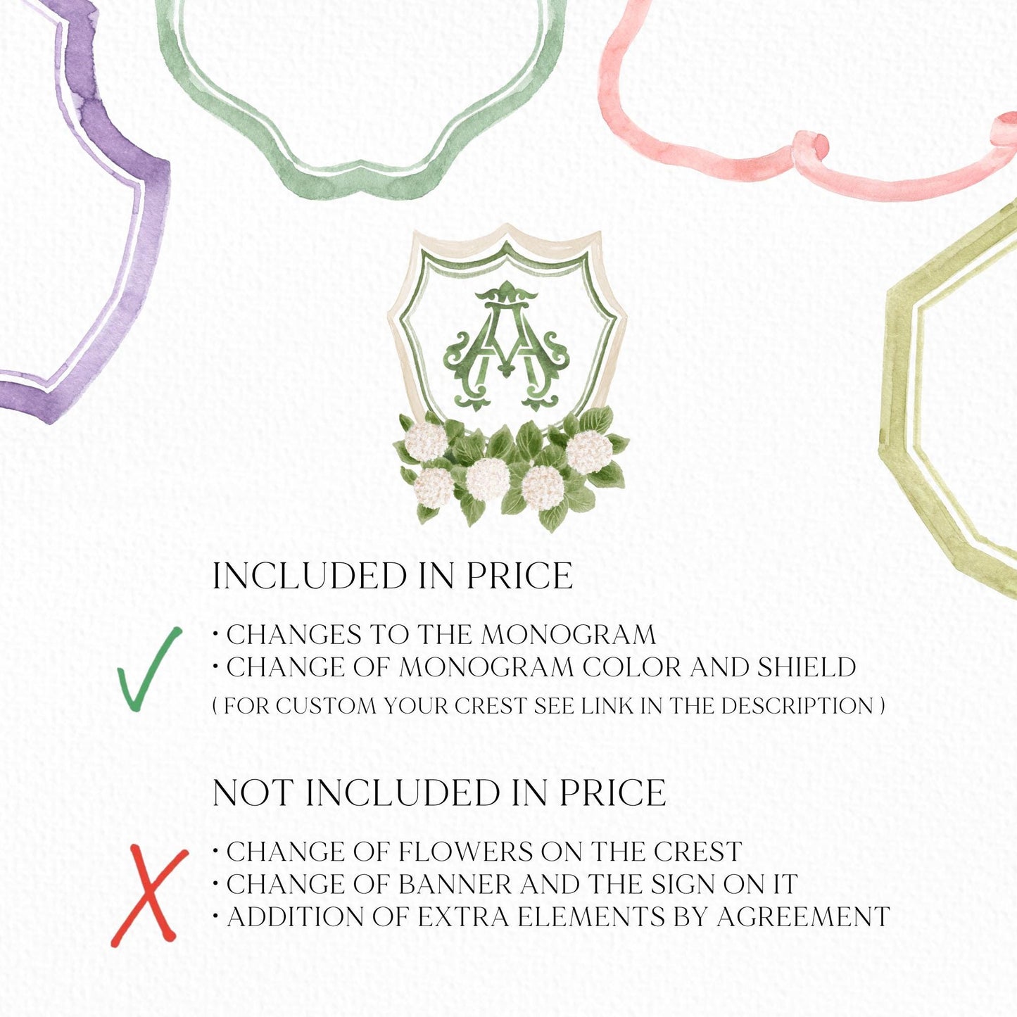 Hydrangea White Flower Wedding Crest - Monogram Crest - White Hydrangea Floral Luxury Watercolor Wedding Crest - Romantic Wedding Crest