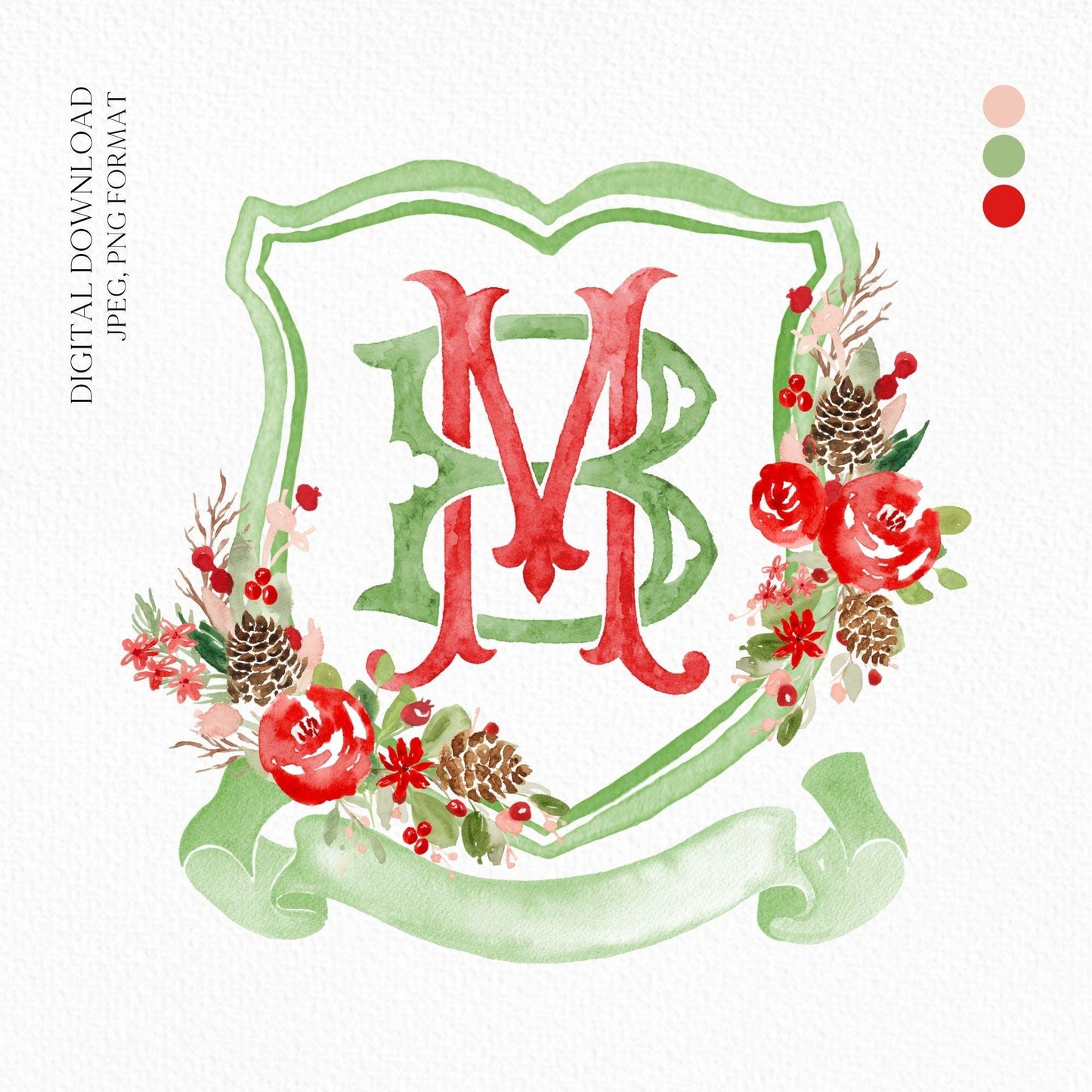 Custom Monogram Christmas Wedding Crest - Rose Hips Floral Watercolor - Winter Christmas Watercolors Crests