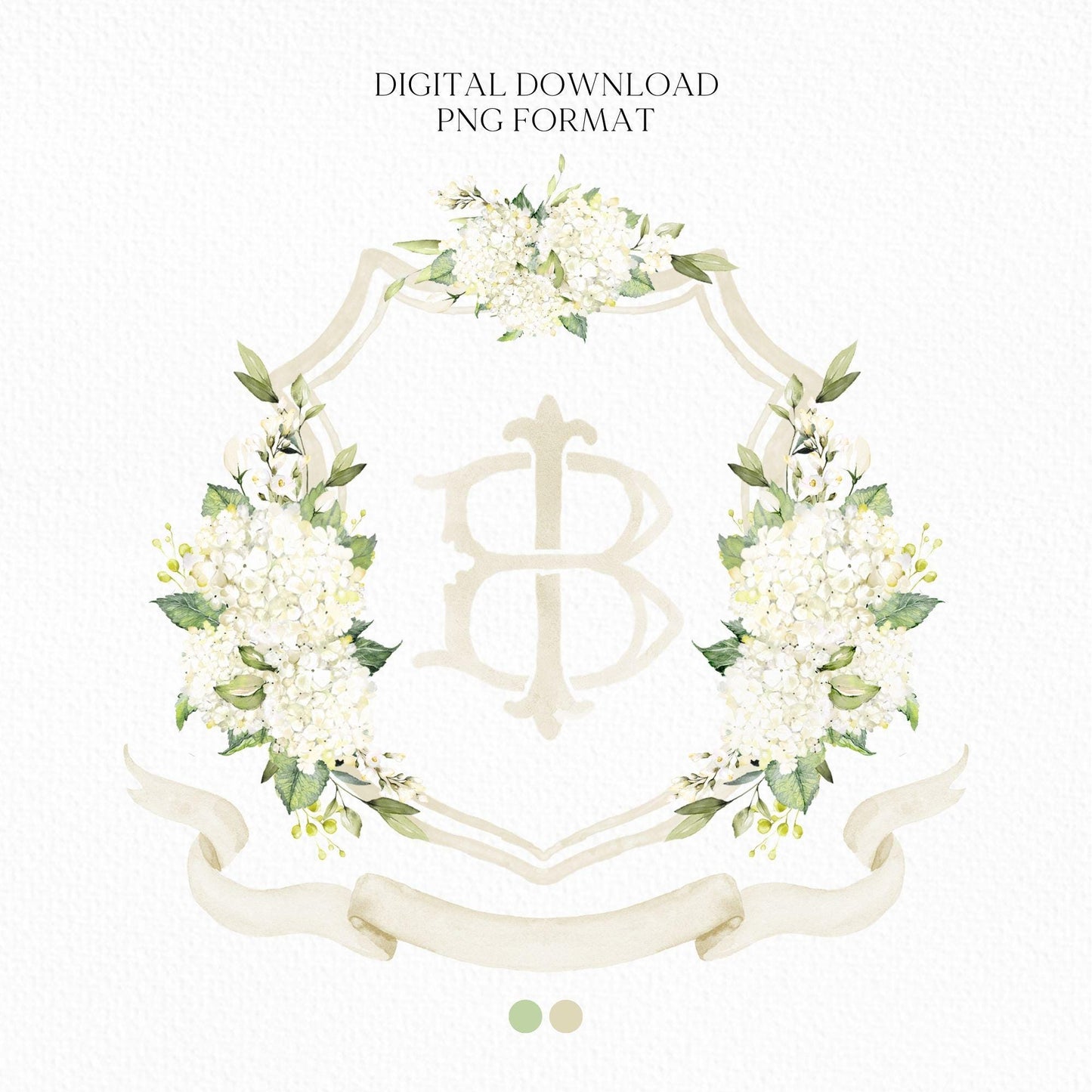 Hydrangea White Flower Wedding Crest - Monogram Crest - White Hydrangea Floral Luxury Watercolor Wedding Crest - Romantic Wedding Crest