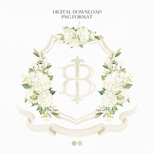 Hydrangea White Flower Wedding Crest - Monogram Crest - White Hydrangea Floral Luxury Watercolor Wedding Crest - Romantic Wedding Crest