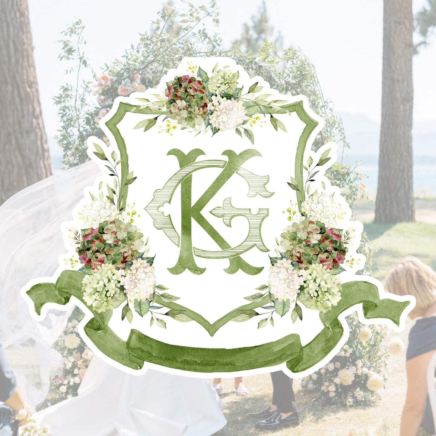 Hydrangea Macrophylla Green Flower Wedding Crest, Monogram Crest, Lush bright Greenery Floral Watercolor Wedding Crest, Hydrangea Crest