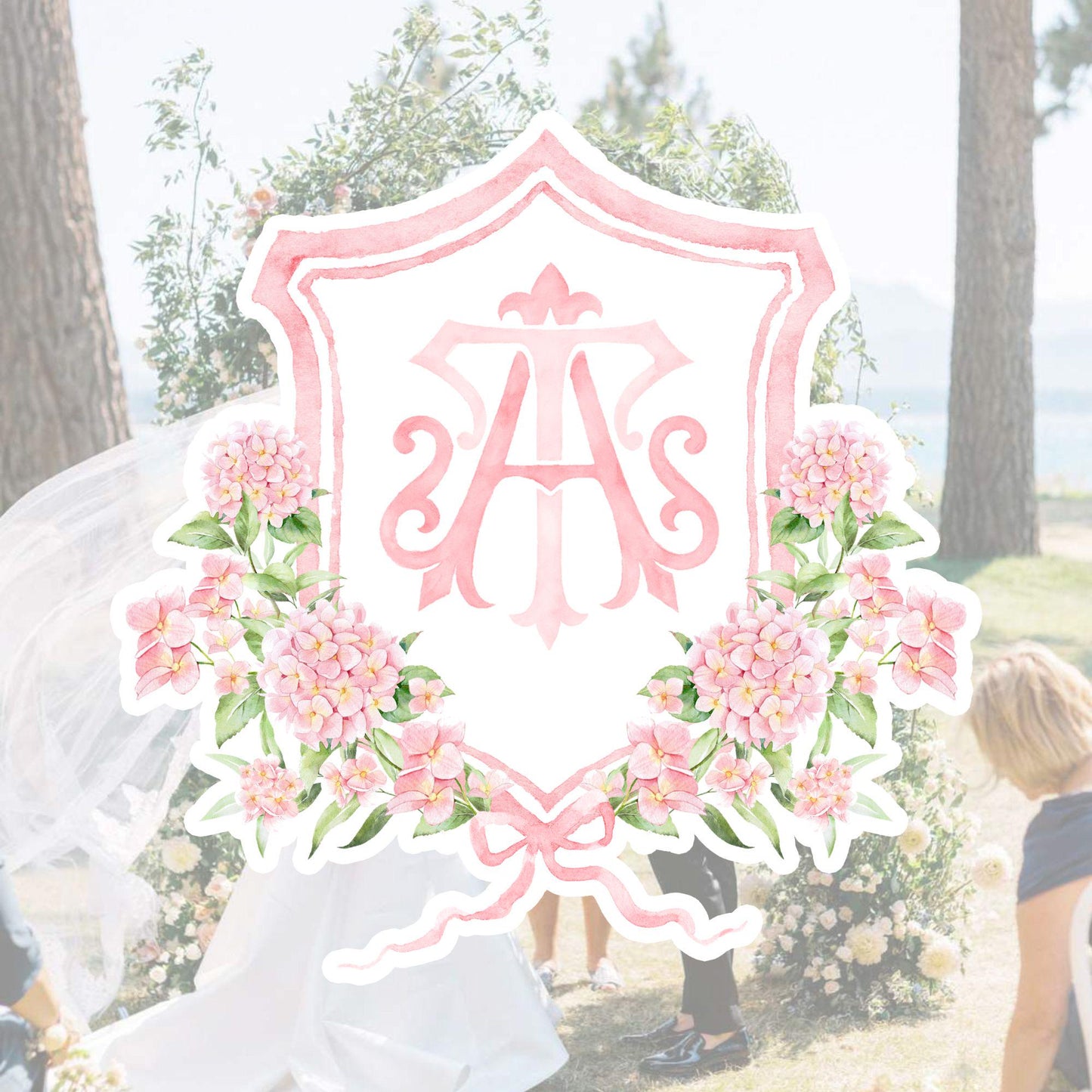 Pink Hydrangea Flower Wedding Crest - Monogram Crest - Light Pink Hydrangea Floral Luxury Watercolor Wedding Crest - Romantic Wedding Crest