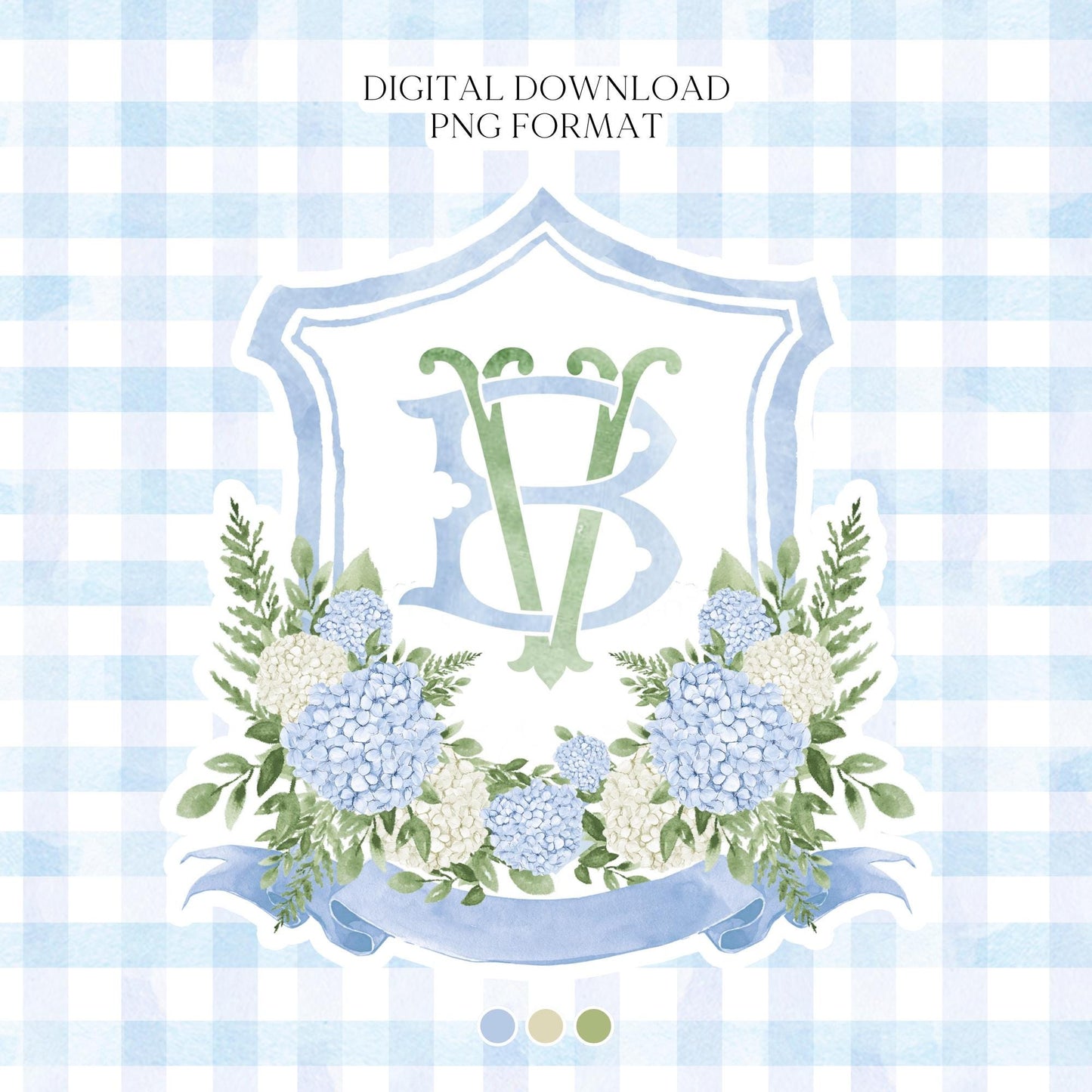 White Blue Hydrangea Flower Wedding Crest - Monogram Crest - Hydrangea Floral Luxury Watercolor Wedding Crest - Romantic Wedding Crest