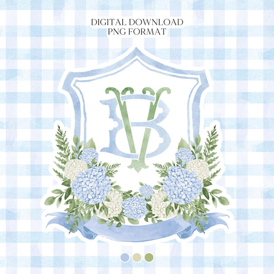White Blue Hydrangea Flower Wedding Crest - Monogram Crest - Hydrangea Floral Luxury Watercolor Wedding Crest - Romantic Wedding Crest