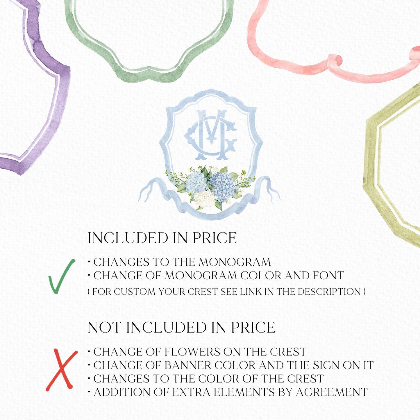 Dusty Blue Hydrangea Flower Wedding Crest - Monogram Crest - Hydrangea Floral Luxury Watercolor Wedding Crest - Romantic Wedding Crest