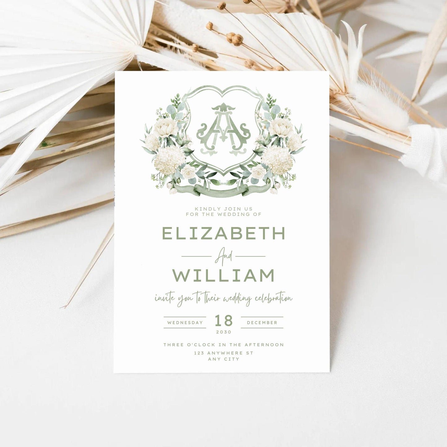 Hydrangea White Rose Greenery Flower Wedding Crest - Monogram Crest - Hydrangea White Floral Watercolor Wedding Crest Romantic Wedding Crest
