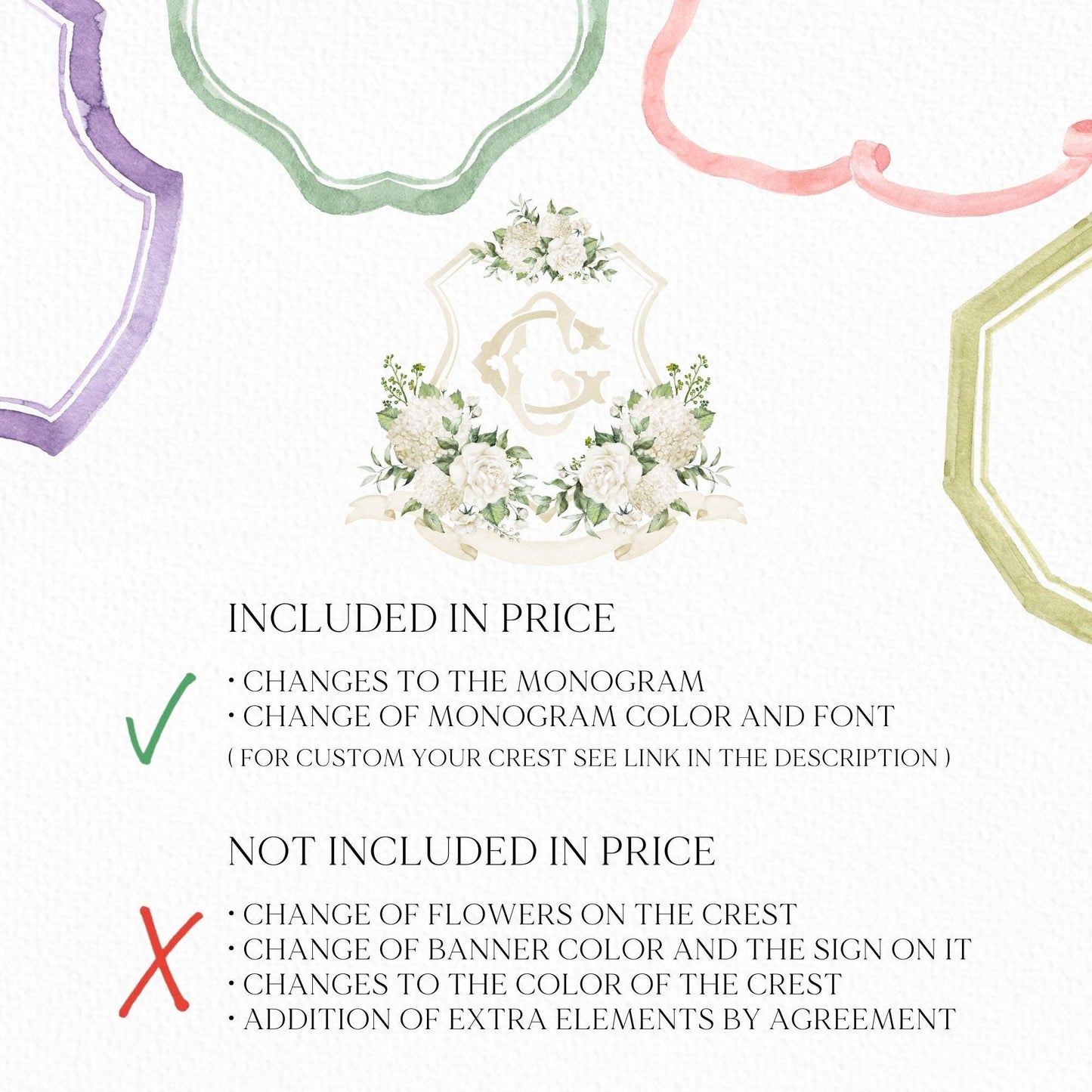 Hydrangea White Rose Greenery Flower Wedding Crest - Monogram Crest - Hydrangea White Floral Watercolor Wedding Crest Romantic Wedding Crest
